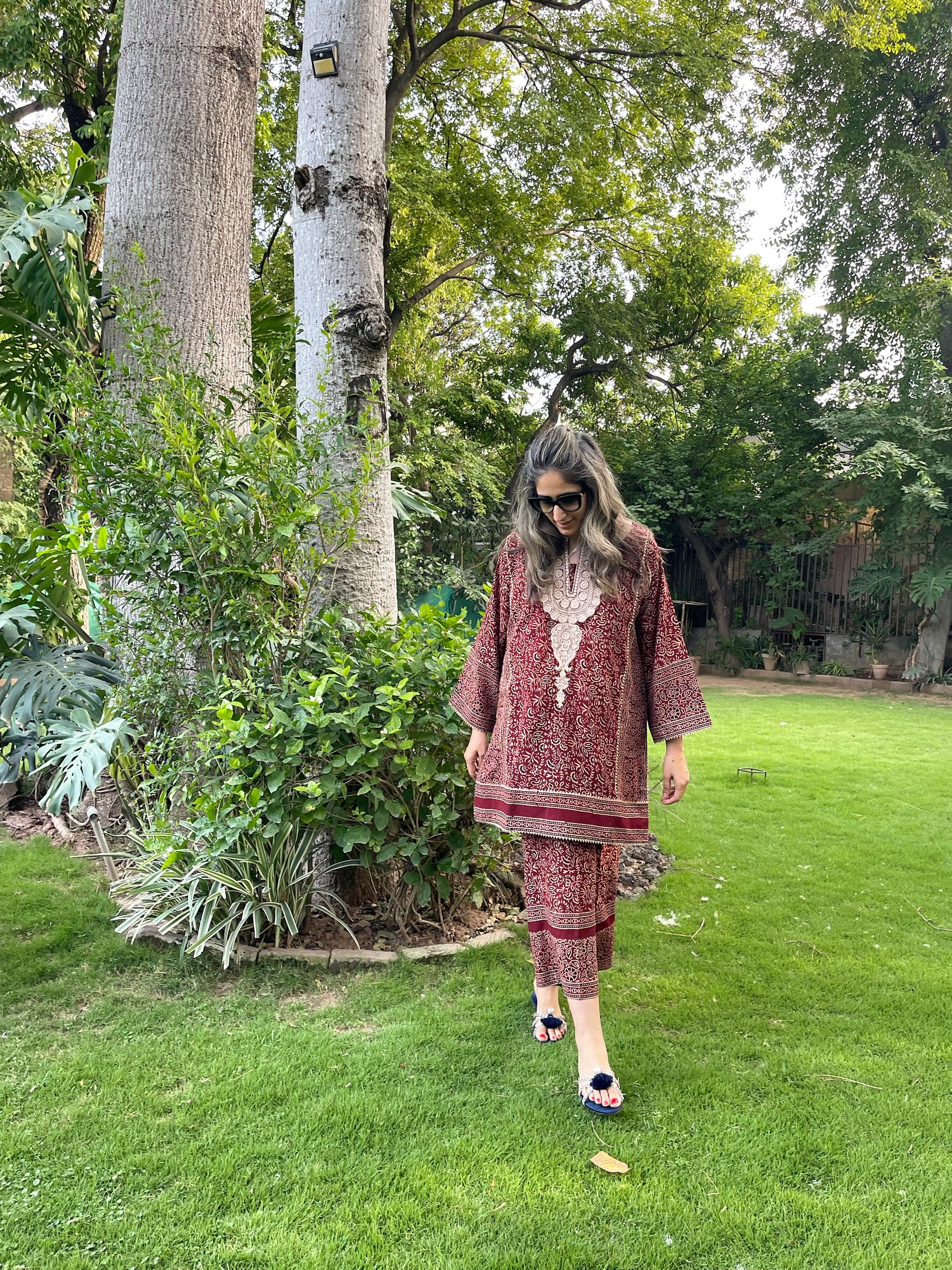 Lotus Red Ajrak Tilla Set