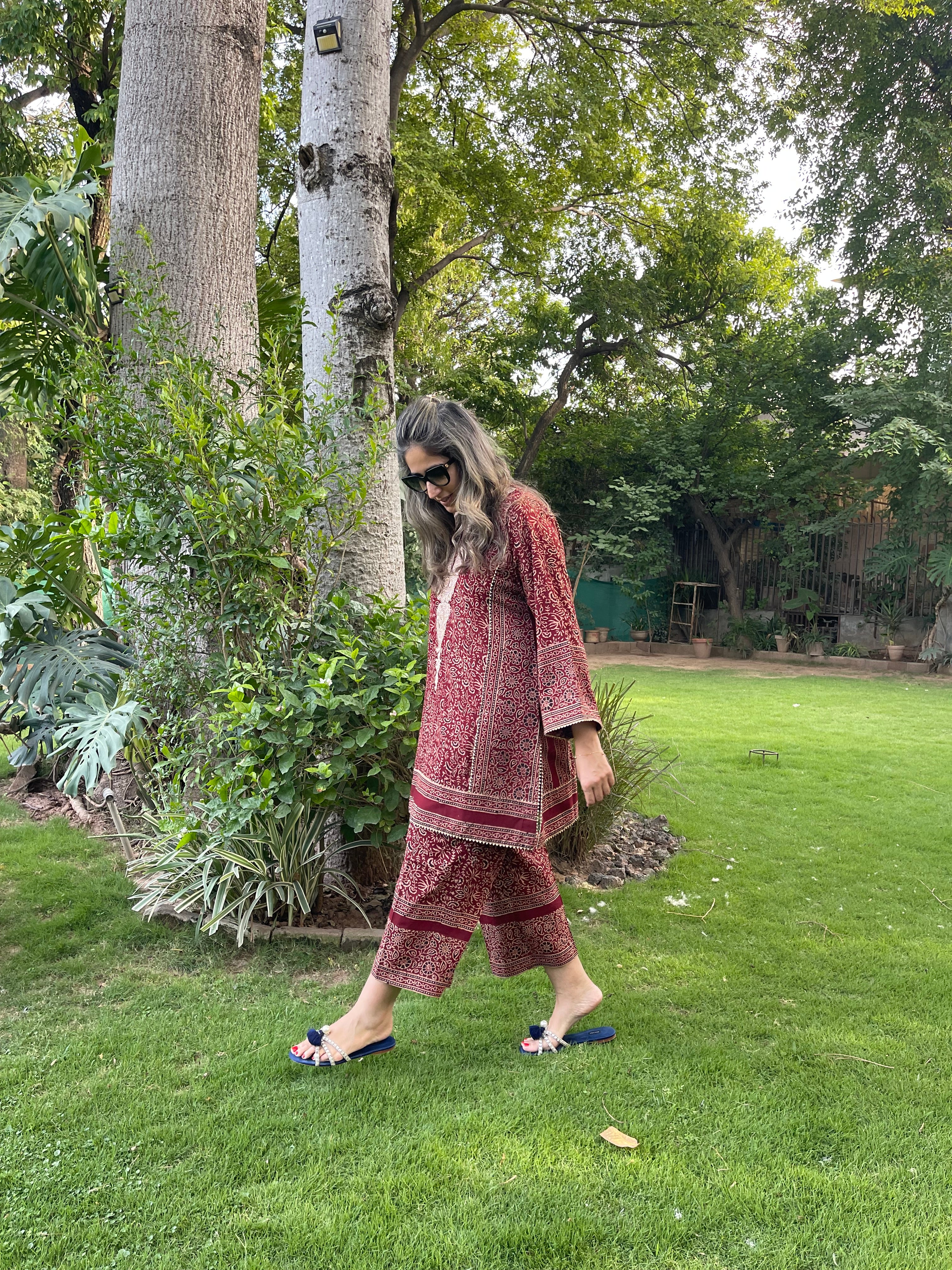 Lotus Red Ajrak Tilla Set