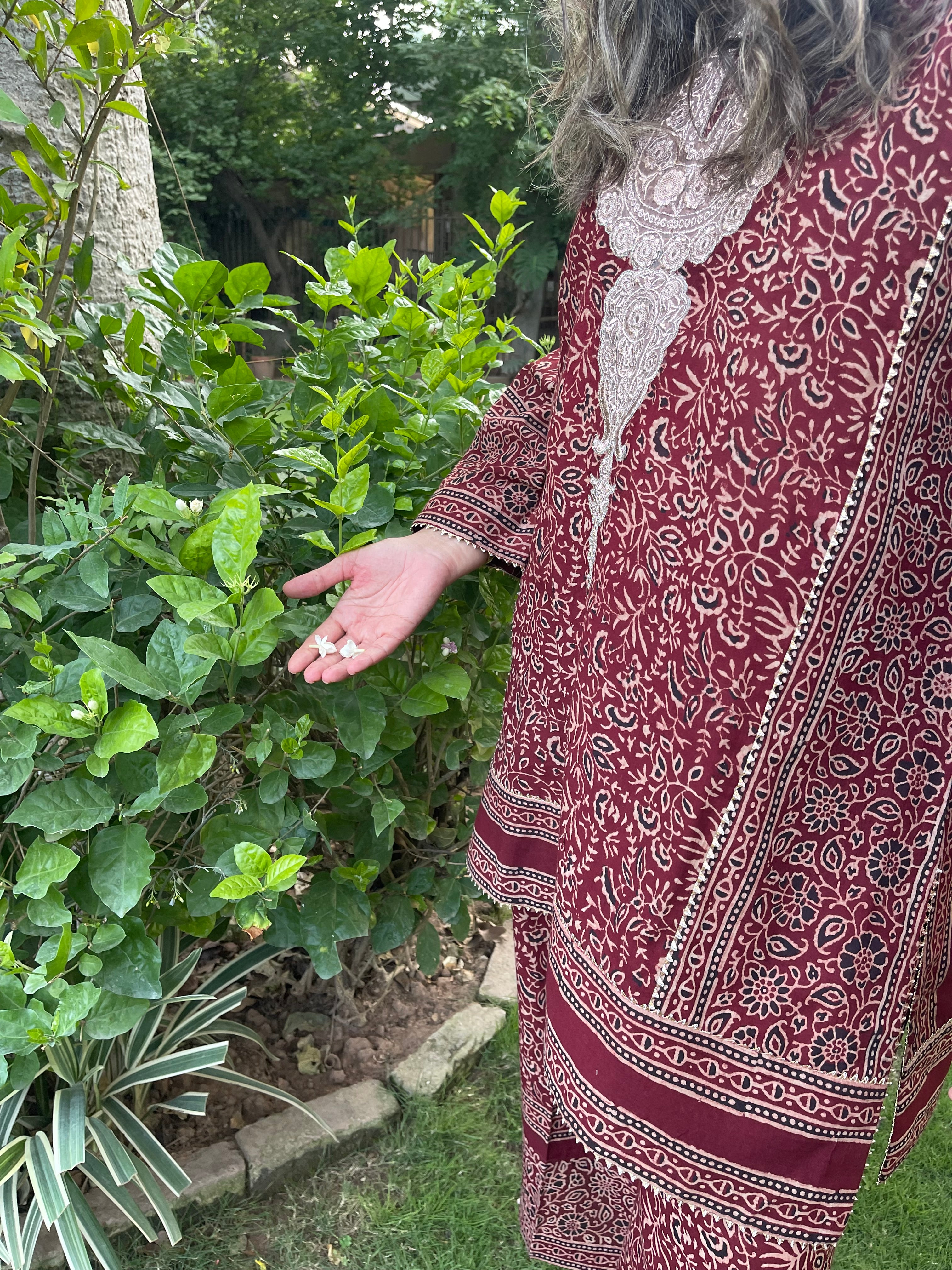 Lotus Red Ajrak Tilla Set