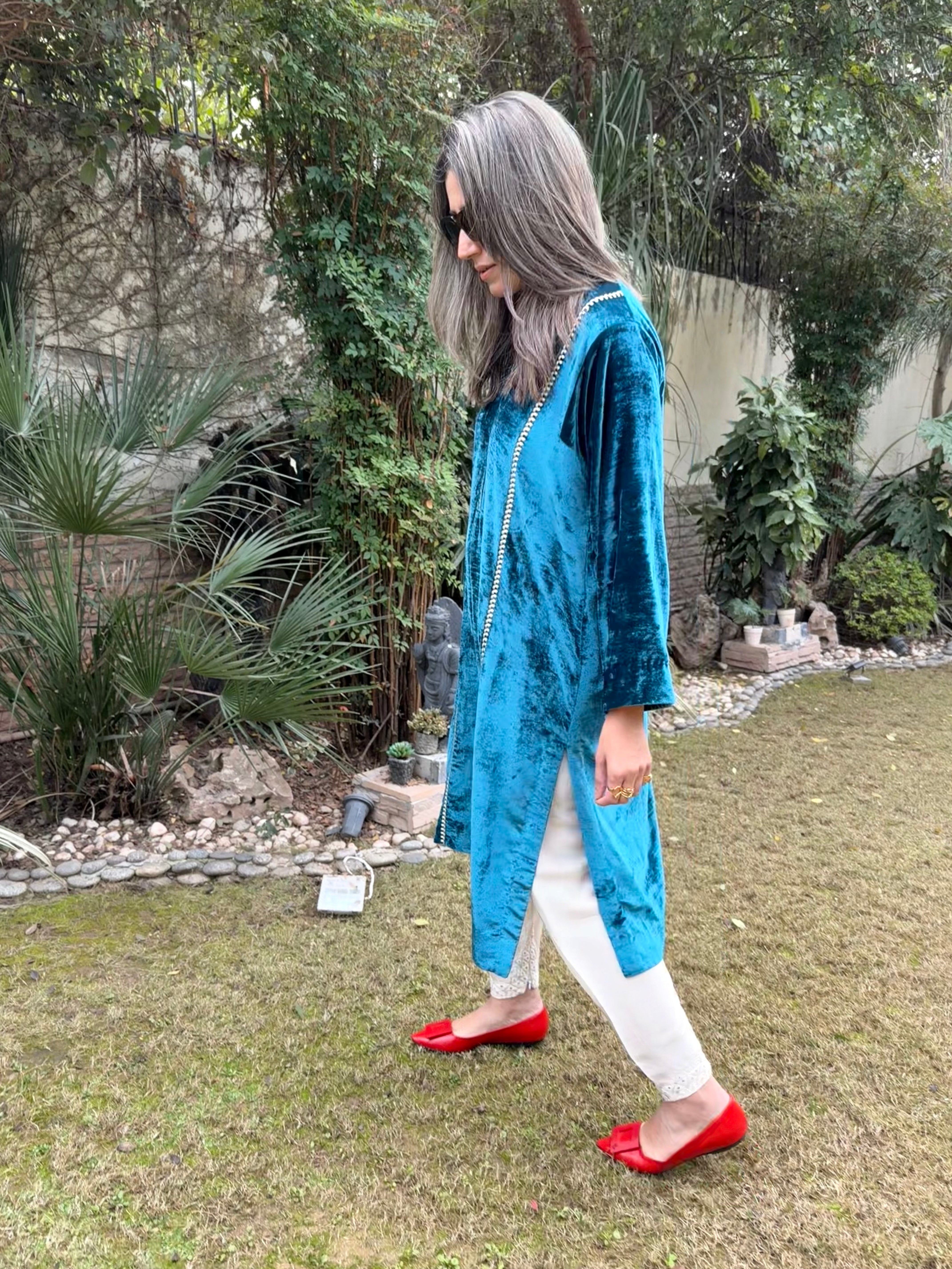 Turquoise Velvet Kurta